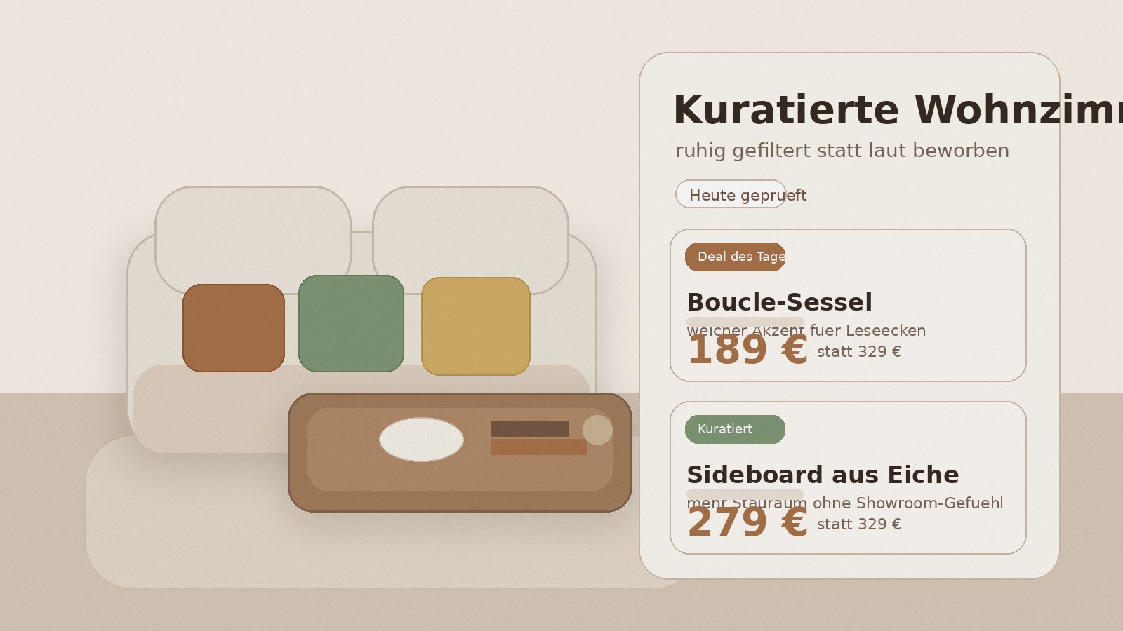 Kuratierte Wohnzimmer-Deals in wohnlicher Szene mit Sofa, Couchtisch und zwei ausgewaehlten Produktangeboten.