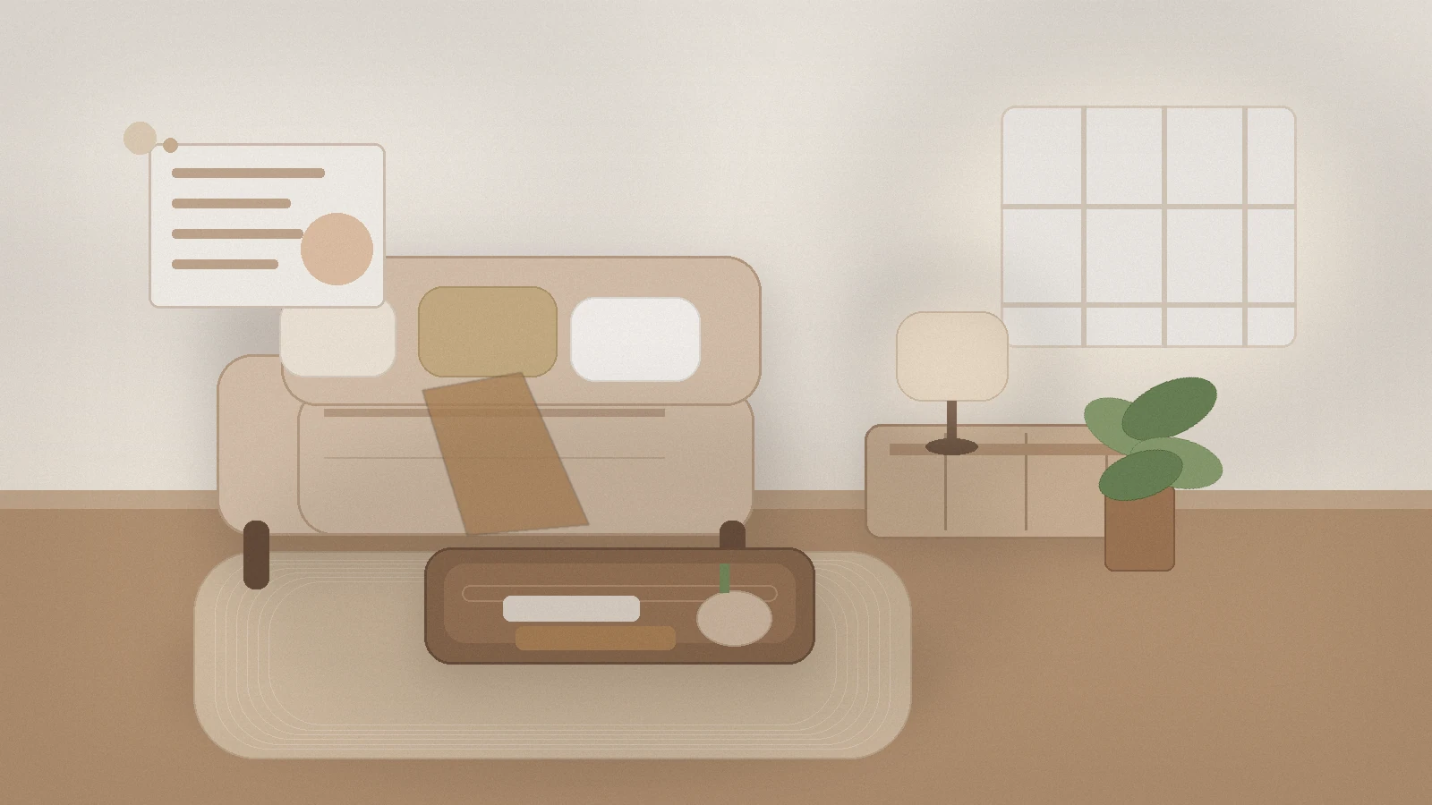 Warm eingerichtetes Wohnzimmer mit L-Sofa, Couchtisch, Sideboard, Pflanze und weichem Fensterlicht als Einstieg ins Thema Wohnzimmer einrichten.