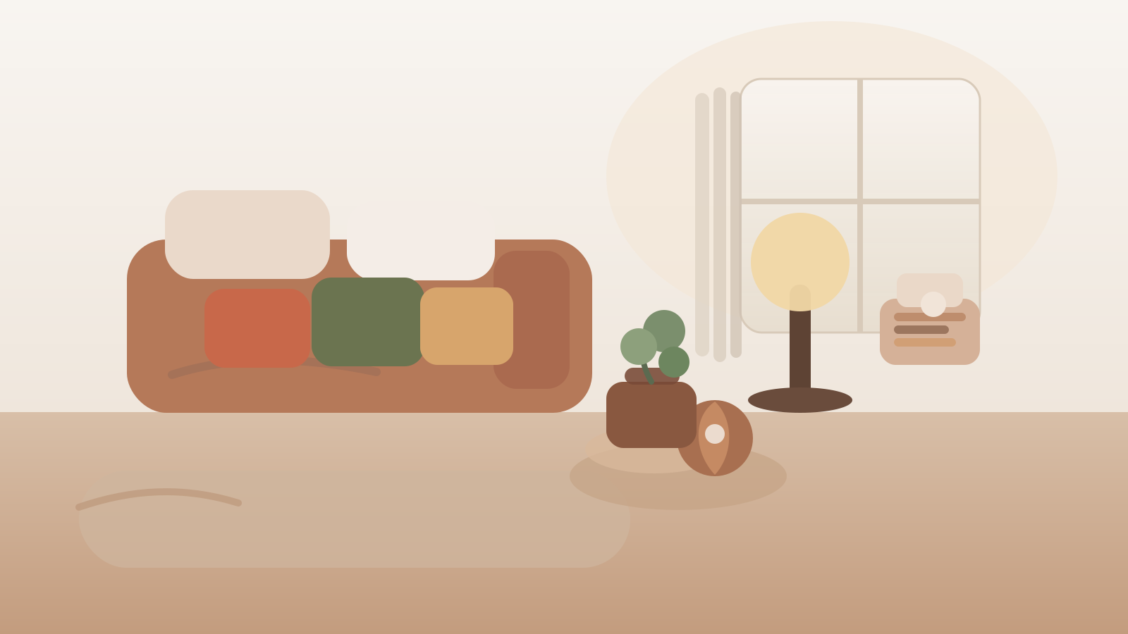 Modernes wohnliches Wohnzimmer mit warmen Erdtoenen, weichem Licht, skulpturalem Beistelltisch und aktuellen Materialien.
